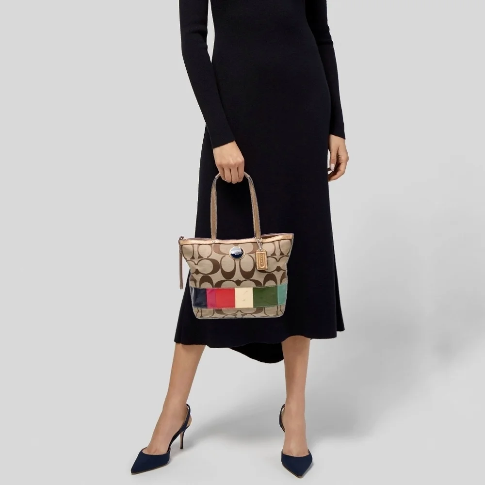 Coach 15588 Signature Legacy Stripe Gold Leather Tote bag Y2K rainbow